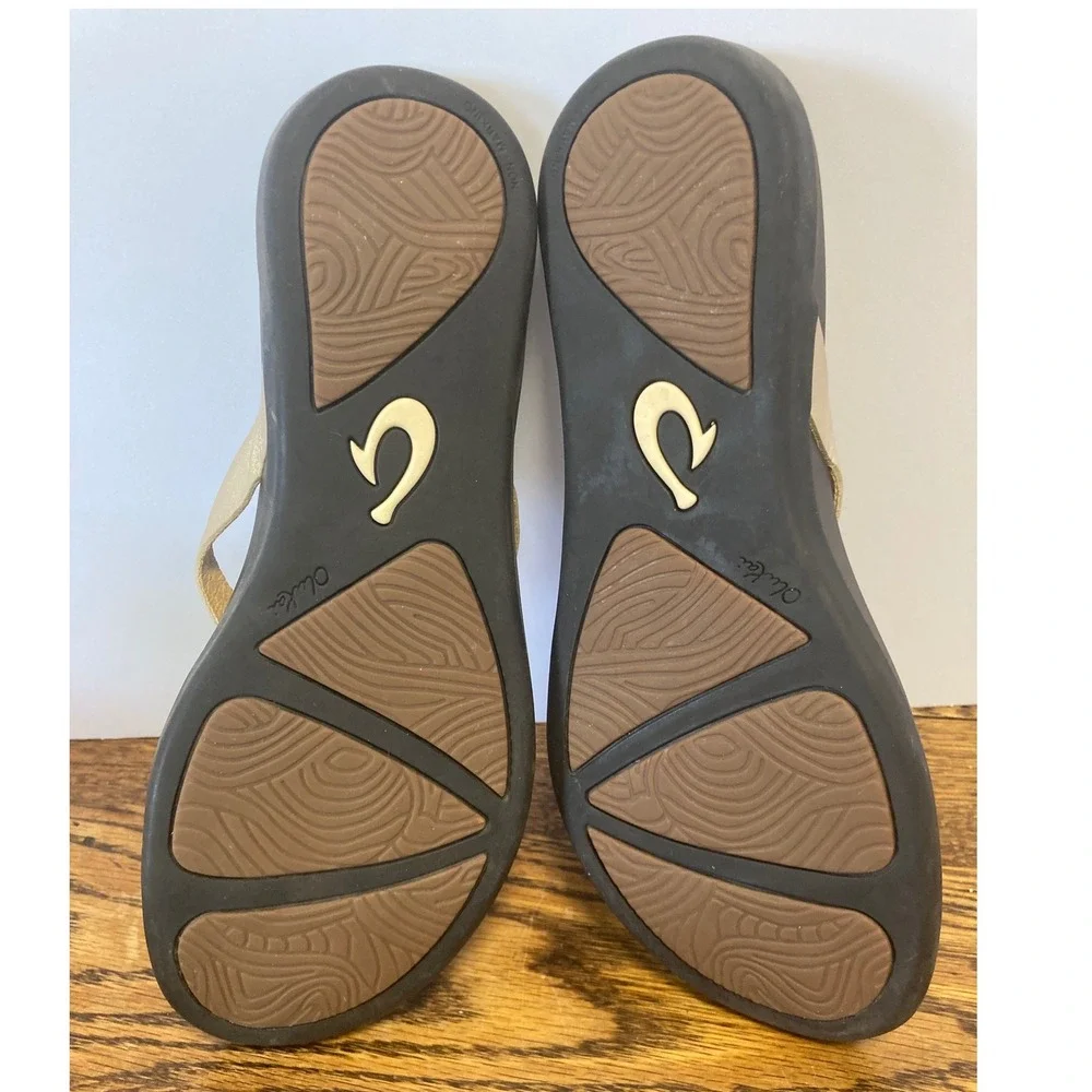 OluKai Ho'opio Leather Flip Flop Sandals Gold Brown Womens 9 20290-FA48 - Picture 5 of 7